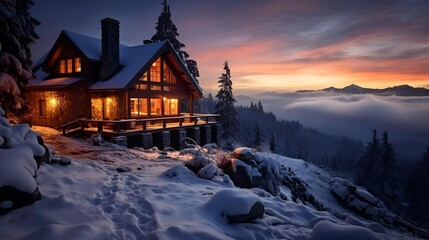 Fototapeta premium A serene cabin surrounded by snow, illuminated by the warm hues of a sunset.