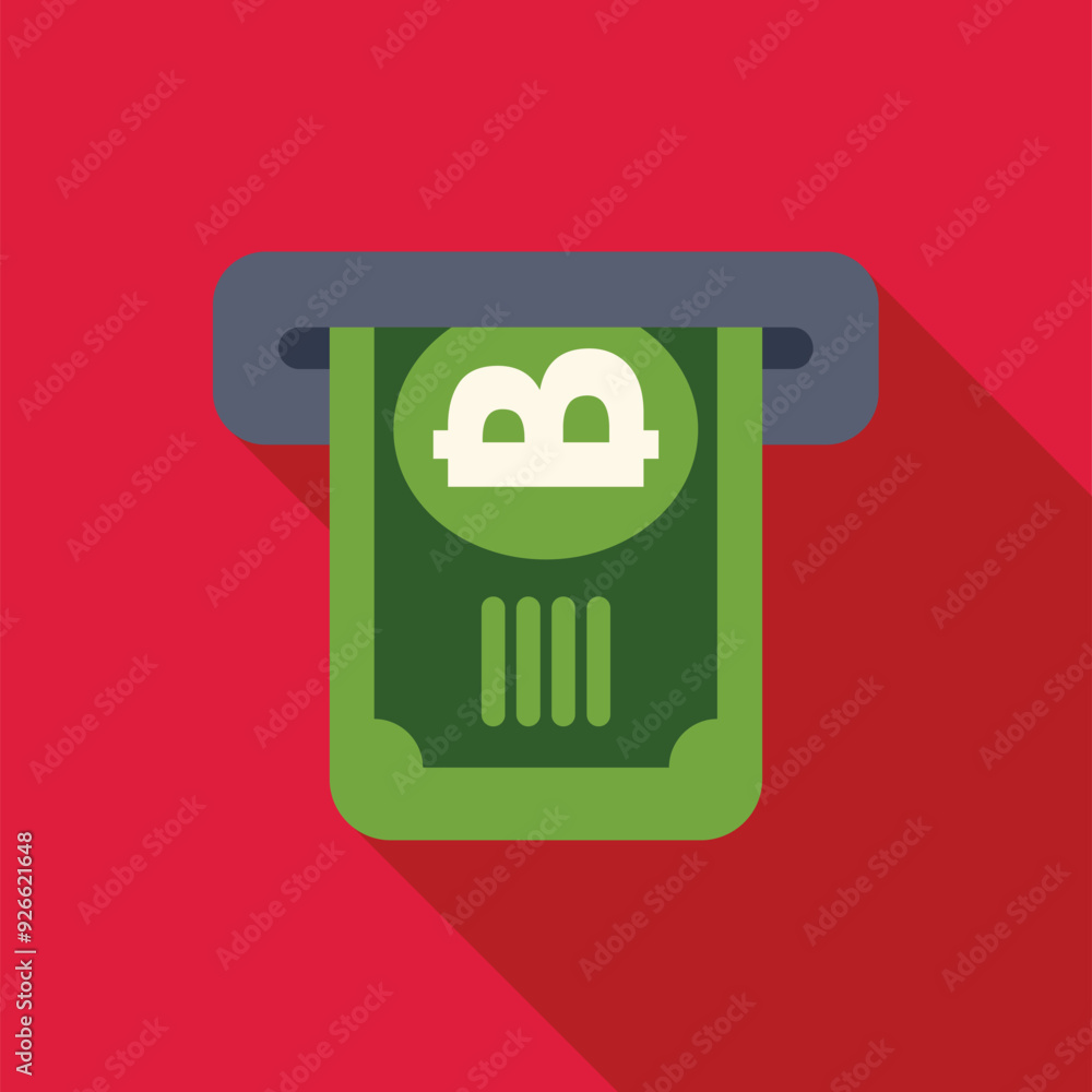 Poster green banknote with the bitcoin symbol being distributed by a grey atm on a red background