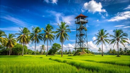 Fototapeta premium A lone rusty signal tower stands tall amidst lush green rice fields and palm trees under a bright blue sky in rural Indonesia.