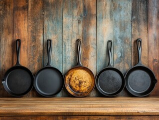 Cast Iron Skillets Against Weathered Wood Rustic Kitchen Still Life A row of cast iron skillets hangs against a rustic wooden wall with one skillet and a wooden countertop in the foreground