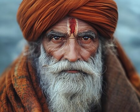 Closeup Portrait of an Indian Man with a White Beard and a Red Mark on His Forehead A Portrait of Faith and Wisdom