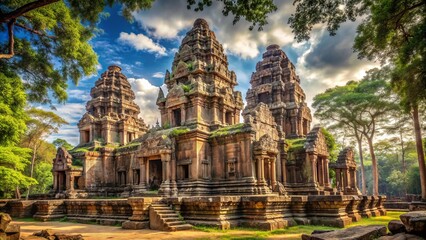 Naklejka premium A majestic ancient temple in Angkor Wat, Cambodia, adorned with intricate carvings and towering trees, symbolizing the region's rich cultural heritage and history.