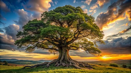 Fototapeta premium A majestic, century-old tree trunk stands alone in a vast, open landscape, its gnarled branches and twisted roots telling a story of resilience and timelessness.