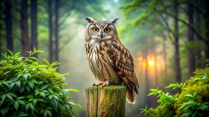 A majestic owl perched on a vintage wooden post, surrounded by lush greenery, with a wise gaze, evoking wisdom and mystery in a serene atmosphere.