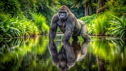 Obraz premium A majestic western lowland gorilla wades through a serene river, its reflection mirrored in the calm water, surrounded by lush green jungle foliage.