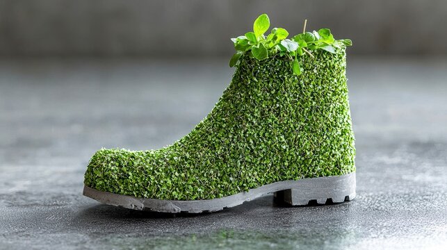 A unique green boot design adorned with lush plants, symbolizing eco-friendliness and creative gardening ideas. cabon footprint
