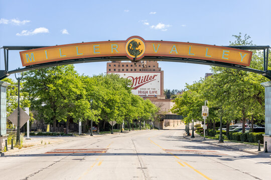 Milwaukee, WI, USA - August 10, 2024: Miller Brewing Co., owned by Molson Coors, has been brewing in their Milwaukee factory since 1860 after being founded by Frederick J. Miller.