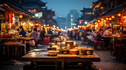  A bustling street market filled with people enjoying meals at tables.