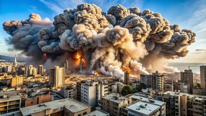 Fototapeta premium A massive mushroom cloud of smoke rises over Beirut's devastated cityscape, with buildings in ruins and debris scattered following a catastrophic explosion.