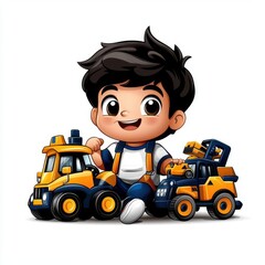 Obraz premium Cute cartoon illustration of a boy playing with a toy train, colorful line drawing, children's style, simple attire, clean pure white background, hand-drawn material, easy to cut out, 1:1 aspect