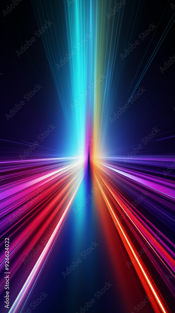 Poster a colorful, long, and thin line of light is projected onto a dark background. the line is made up of