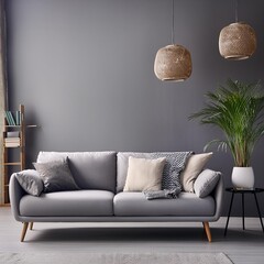 interior background space decor empty cosy simple pillow modern sofa apartment grey style. Generative AI.