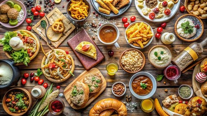 Fototapeta premium A messy table scattered with various foods, utensils, and drinks, depicting a chaotic and indulgent eating session with a playful and whimsical atmosphere.