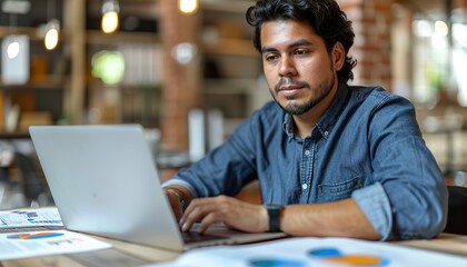 Busy Latin financial expert checking documents working at laptop in office
