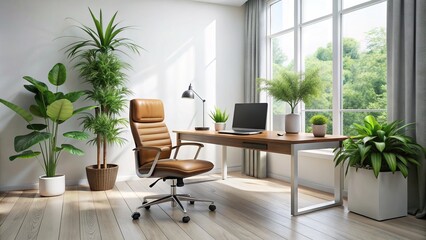 Fototapeta premium A minimalist modern studio setup with a lush green plants, sleek wooden desk, and a comfortable leather chair, surrounded by natural light and white walls.