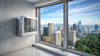 A modern air conditioning unit protrudes from a sleek, silver-framed window, partially open, with a blurred cityscape visible through the glass in the background.