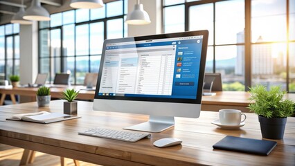 A modern computer screen displays an open email client and web browser windows, showcasing digital communication and online research in a busy workplace setting.