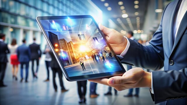 A modern device with glowing screen is grasped firmly in a solitary hand, fingers wrapped around it, against a blurred background of daily life activities.