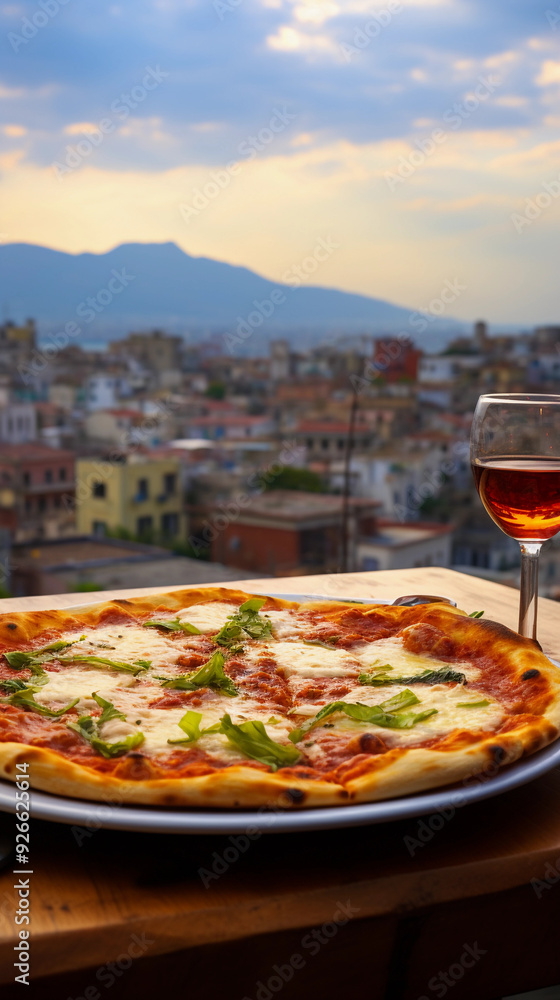 Poster a pizza with green vegetables on it is sitting on a table next to a wine glass. the scene is set in 