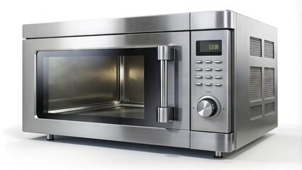Fototapeta premium A modern kitchen features a sleek stainless steel microwave oven with a shiny metallic finish and digital control panel, set against a clean white background.