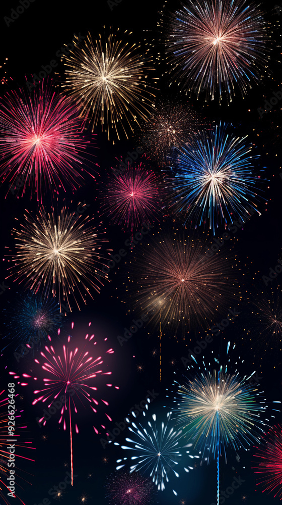 Poster a fireworks display with many different colored fireworks. the fireworks are in the air and are lit 