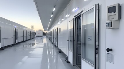 Refrigeration chamber for food storage. A modern commercial kitchen featuring stainless steel appliances and fresh vegetables