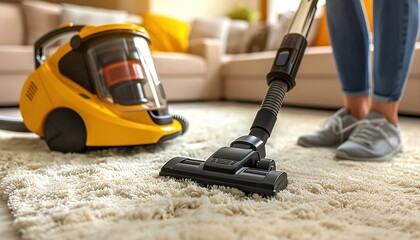 Obraz premium Cleaning white carpet with vacuum cleaner 