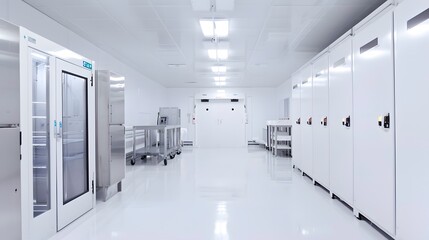 Fototapeta premium Refrigeration chamber for food storage. A modern commercial kitchen featuring stainless steel appliances and fresh vegetables