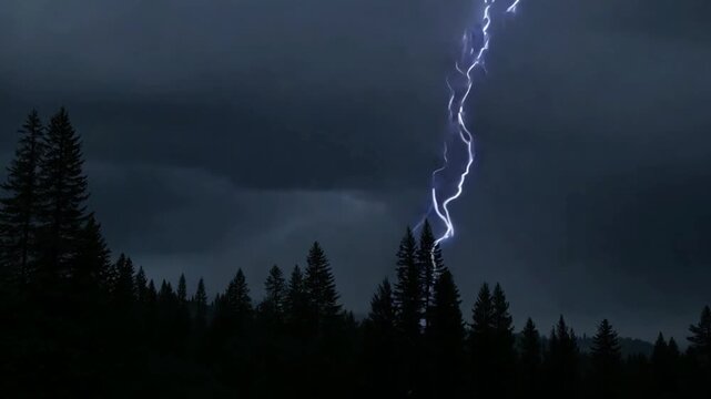 Thunderstorm with lightning strikes over a dense forest in the evening