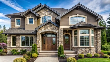 A modern suburban home's exterior wall features a mix of stone, brick, and stucco finishes, accentuated by large windows and a welcoming front entrance.