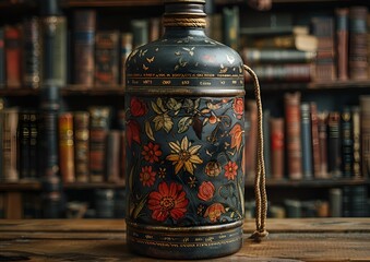 A decorative bottle featuring a floral design rests elegantly on a wooden table.