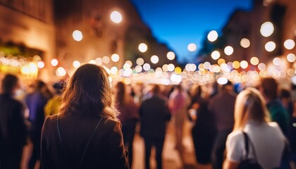 Night Gathering of Citizens A Blurred Retro Bokeh Crowd of Unrecognizable People Standing Outdoors at an Urban Party in the City