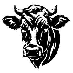 A bold and detailed black vector illustration of a cow's head