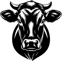 A bold and detailed black vector illustration of a cow's head.