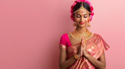 A young woman in a vibrant red and gold sari smiles while adorned with intricate jewellery and a traditional bindi