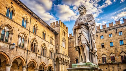 Fototapeta premium Ancient Italian poet's statue stands tall amidst intricately carved stone walls and ornate Gothic architecture in a historic European city's quiet piazza.