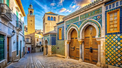 Obraz premium Ancient medina walls and bustling streets of Tunis, Tunisia, with vibrant tiles, arched doorways, and ornate mosques, blending history and modern urban life.