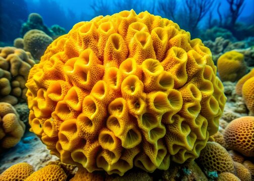 Vibrant yellow sea sponge showcasing intricate textures and patterns, magnified to reveal the mesmerizing complexity of underwater ecosystems and the beauty of marine life.