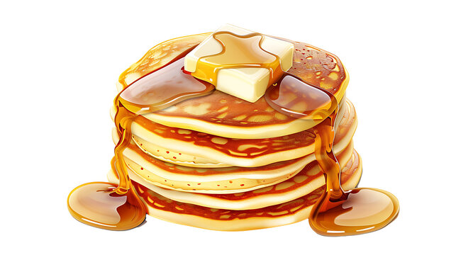 stack of pancakes with syrup and butter, detailed texture and mouth-watering appearance, isolated on a white background 