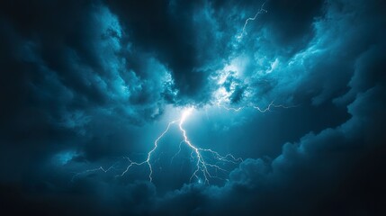 A complete view of a lightning storm with multiple bolts illuminated against a dark sky, capturing the dynamic and electrifying nature of the phenomenon 