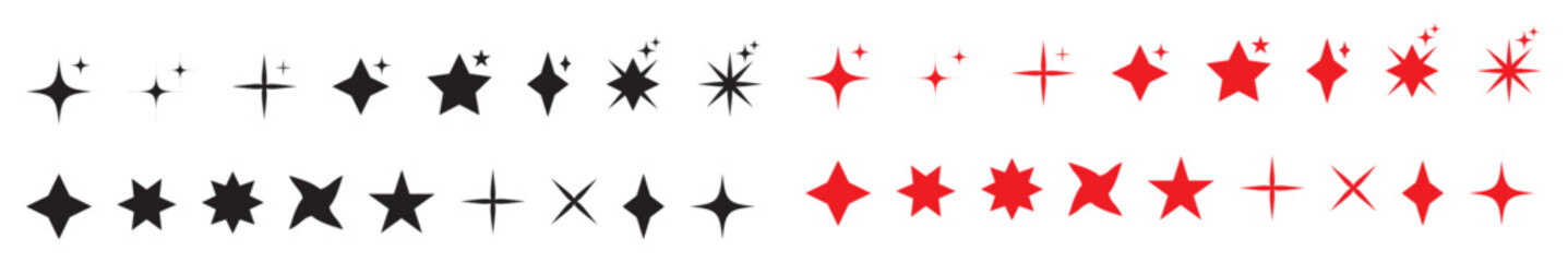 Sparkling stars set. Minimalist silhouette stars icon, twinkle star shape symbols. Shining star icons, abstract sparkle black silhouettes symbol vector