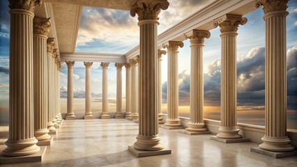 Fototapeta premium Ancient stone columns stand tall against a soft, creamy background, evoking a sense of timeless elegance and sophistication in a serene architectural setting.