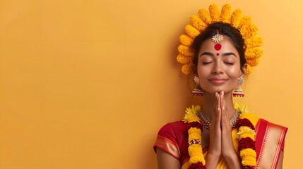 A young woman in a vibrant red and gold sari smiles while adorned with intricate jewellery and a traditional bindi
