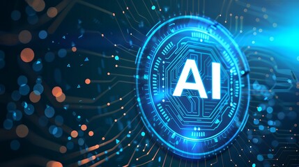 Futuristic Ai icon with AI text in the center of glowing circuit technology background