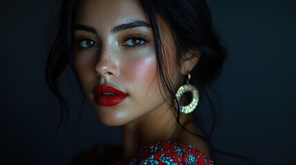 A complete view of a Mexican woman in contemporary fashion, such as a stylish dress or modern outfit, capturing her sophisticated and trendy look, isolated on a dark background 