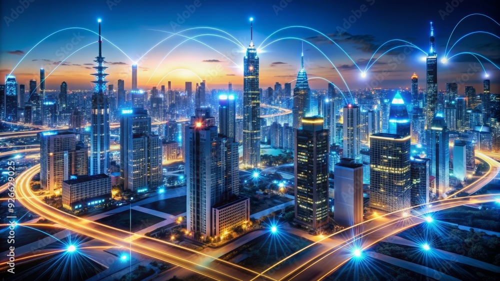 Poster illustration of a futuristic cityscape with glowing circuits and wireless signals, representing the 