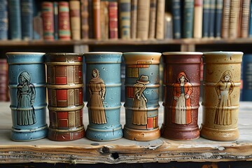 A row of decorative vases featuring artistic portraits of women.