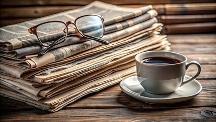 A neatly arranged stack of vintage newspapers with a pair of reading glasses and a cup of coffee, surrounded by scattered classified ads.