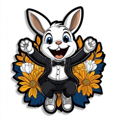 A joyful rabbit with a happy hop, colorful line drawing, children's style, simple attire, clean pure white background, hand-drawn material, easy to cut out, 1:1 aspect ratio
