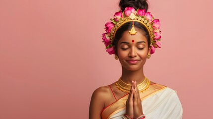 A young woman in a vibrant red and gold sari smiles while adorned with intricate jewellery and a traditional bindi